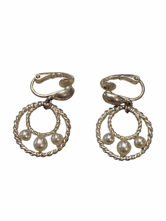 Jewelry - Silver Tone Dangle Earrings Clip On Twisted Rope Style Faux Pearls Office Formal